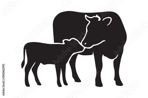Nurturing cow and calf silhouette, farm animal mother licking baby calf, cattle breeding and livestock concept icon.
