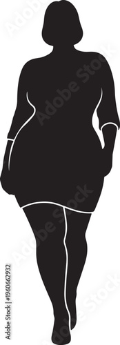 A stout woman is walking along.