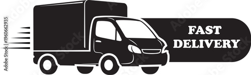 Dynamic monochrome vector illustration of a delivery truck in motion, symbolizing rapid and efficient shipping services and streamlined logistics solutions for various businesses