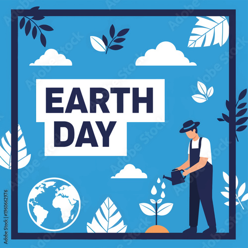 Man watering plant on earth day with eco friendly background