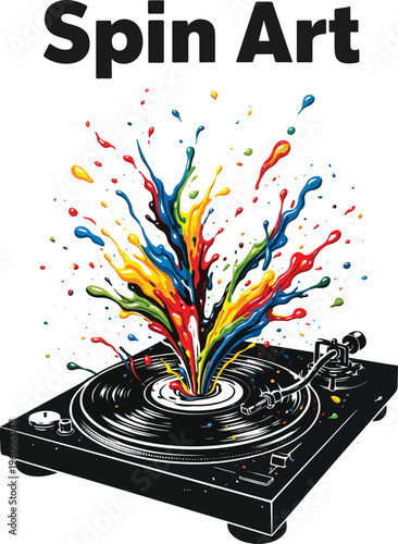 A colorful illustration of a vinyl record player with vibrant splashes of paint.
