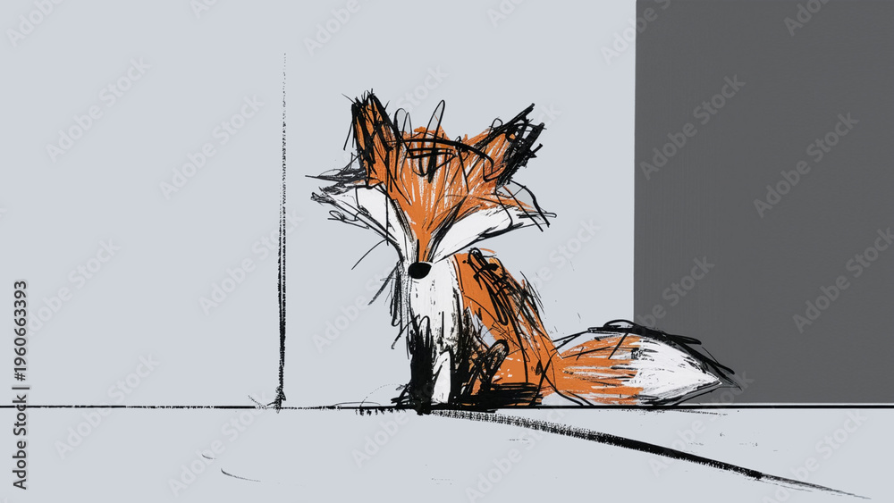 Fototapeta premium Sketchy illustration of a red fox sitting in a minimalist interior with a gray background.