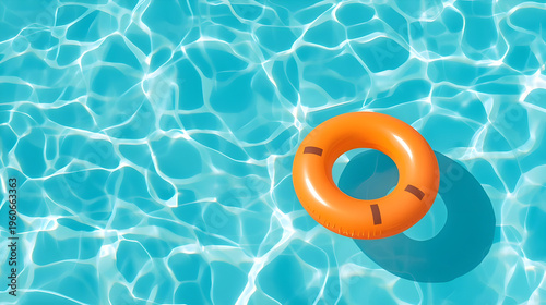 An orange inflatable swimming ring floats on the surface of a clear blue pool on a sunny day.