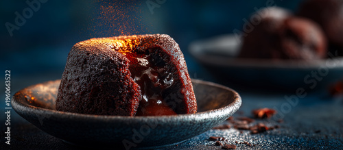 chocolate lava cake in a bowl contemporary concept with glowbacklight