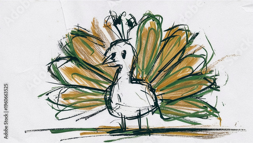 Expressive peacock drawing with open tail feathers using messy ink and marker lines.