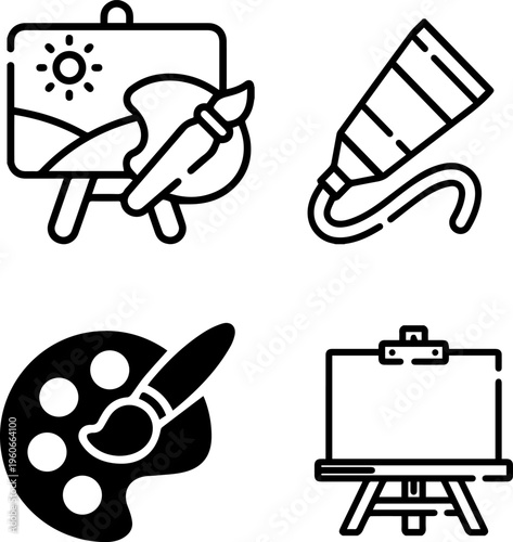 Art Studio and Painting Equipment Line Icon Set: Easel, Palette, Paint Tube, and Canvas Brush