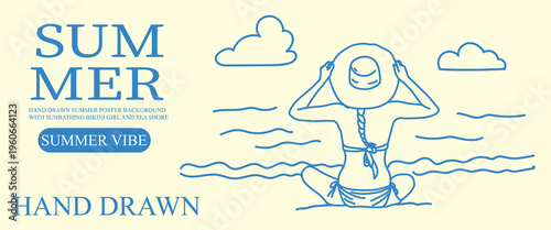 Vibrant summer beach poster background featuring a sunbathing woman on the sand. Aesthetic coastal vector illustration for tropical vacation branding, travel ads, and seasonal holiday marketing.