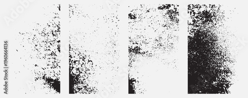 Distressed grunge texture set, black ink spray and grain overlays, vintage weathered vector elements for graphic design and poster backgrounds