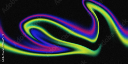 Abstract neon light trails swirling in vibrant colors against a dark grainy background texture