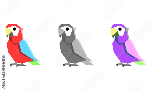 Cute **Low Poly Parrot Macaw** Character **Geometric Vector** Illustration Set for **Mascot Logo**