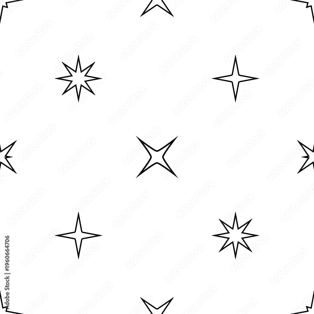 Fototapeta premium Seamless pattern with black and white stars in various shapes against a white background, vector illustration