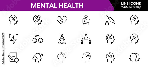Mental Health Line Editable Icons set. Vector illustration in modern thin line style of medical icons: components of a healthy lifestyle and mental balance.