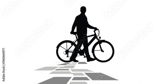 Silhouette of man walking with bicycle, black vector icon, urban transportation symbol, cycling illustration