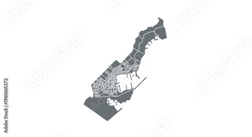 Abstract black and white illustration depicts a stylized map of a coastal city high quality professional
