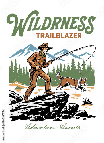 Vintage wilderness trailblazer fishing in mountains with dog, retro cowboy outdoor adventure mascot vector illustration for t-shirt design.