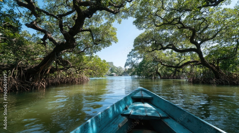 Fototapeta premium Electric boat gliding through mangrove forest, wildlife spotting, pristine waterways --ar 16:9 --quality 4 --v 7 Job ID: ba3a7981-01df-43b6-847a-f7cf18254034