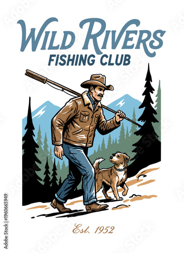 Wild Rivers Fishing Club vintage illustration with fisherman and dog, outdoor adventure mascot in retro graphic style for t-shirt design