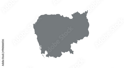A dark gray silhouette depicts the geographical shape of cambodia on a white background high quality