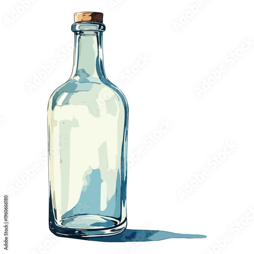 コルク栓が付いた透明なガラス瓶の水彩風イラスト
