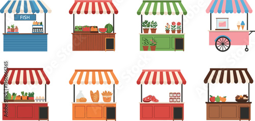 Set of Street Food Market Stalls Vector Illustration Including Fish Fruit Flower Ice Cream Bakery Meat and Vegetable Kiosks for Local Fair and Festival Design