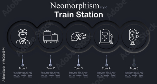 Train station set icon. Neomorphic circular interface line icons with railway conductor uniform portrait, luggage suitcase cart, high speed train front view, medical first aid kit