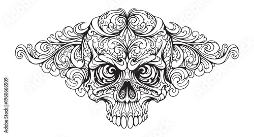 Intricate black and white ornamental skull with floral patterns