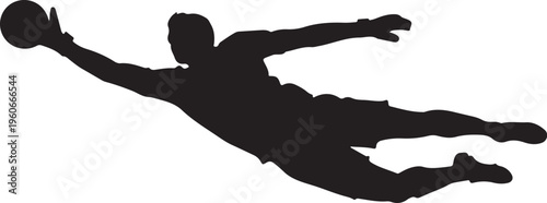 Black silhouette of a man diving to catch a ball, athletic sports icon, vector illustration