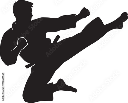 Martial arts silhouette, karate kick vector, black martial arts icon, kickboxing illustration