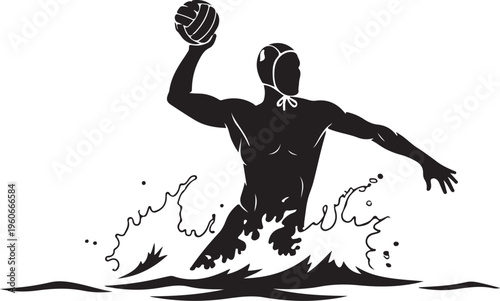 Water polo player, swimming, vector illustration, black silhouette