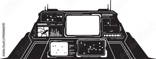 Futuristic control panel, electronic dashboard, black and white vector, circuit board design, user interface elements