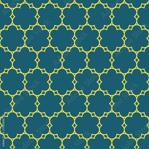 Seamless Moroccan Geometric Pattern Tile Background With Teal Floral Motifs And Yellow Outline