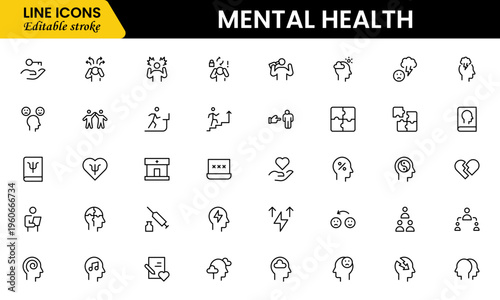 Mental Health Line Editable Icons set. Vector illustration in modern thin line style of medical icons: components of a healthy lifestyle and mental balance.