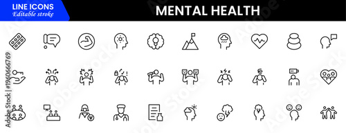 Mental Health Line Editable Icons set. Vector illustration in modern thin line style of medical icons: components of a healthy lifestyle and mental balance.