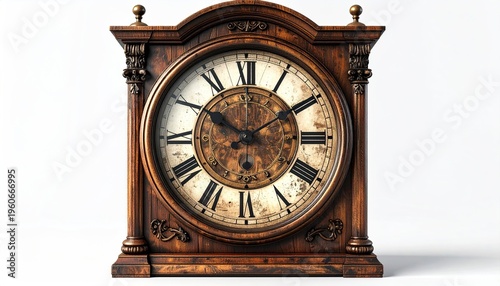 An ornate wooden clock with Roman numerals, hands, and decorative carvings