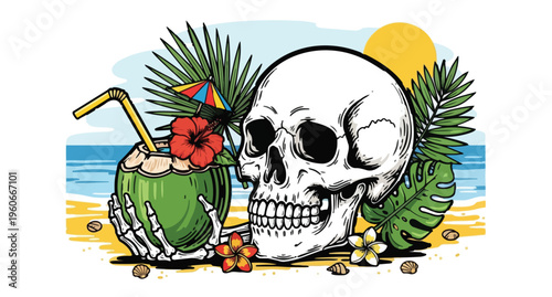 Tropical Skull with Coconut Drink on Beach Background