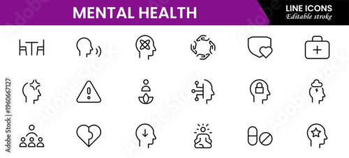 Mental Health Line Editable Icons set. Vector illustration in modern thin line style of medical icons: components of a healthy lifestyle and mental balance.