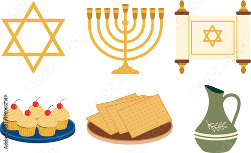 Jewish Hanukkah symbols illustration, menorah star torah scroll sweets matzah oil jug traditional set