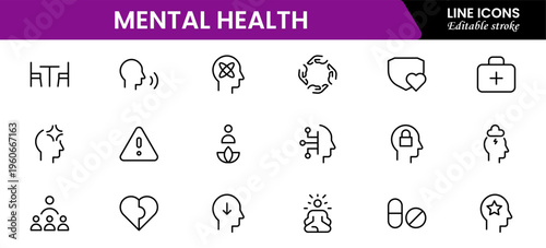 Mental Health Line Editable Icons set. Vector illustration in modern thin line style of medical icons: components of a healthy lifestyle and mental balance.