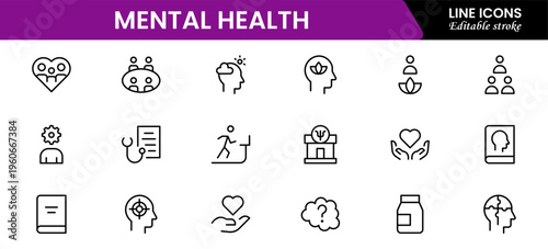 Mental Health Line Editable Icons set. Vector illustration in modern thin line style of medical icons: components of a healthy lifestyle and mental balance.