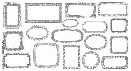 Collection of Hand-Drawn Decorative Frames and Borders, Vintage Style, Isolated on White