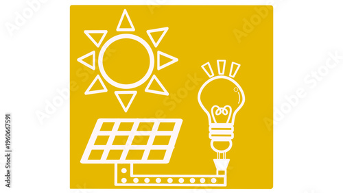 クリーンエネルギー（太陽光）の供給アイコン（黄色背景・SDGs ゴール7・ソーラーパネル・ベクター素材）：Clean energy (solar power) supply icon. Yellow background SDGs Goal 7 concept with sun and blooming light bulb. Vector.