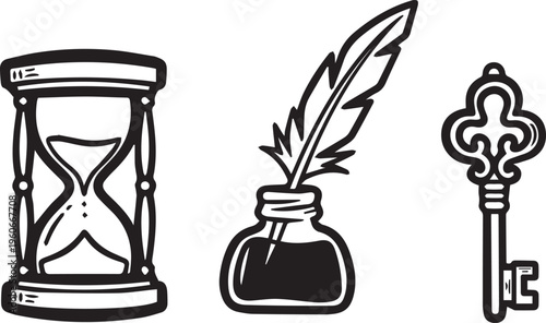 Vintage black and white vector graphic illustration set featuring an hourglass an inkwell with a quill pen and an antique skeleton key design elements