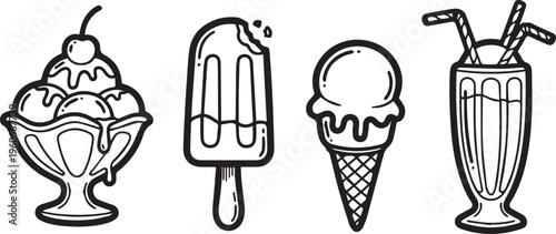 A charming collection of hand-drawn vector graphics featuring various frozen desserts, including an ice cream sundae, a bitten popsicle, a classic ice cream cone 