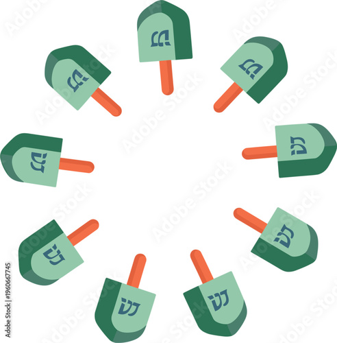 Hanukkah dreidel vector illustration, traditional Jewish spinning top symbols arranged circular festive holiday design