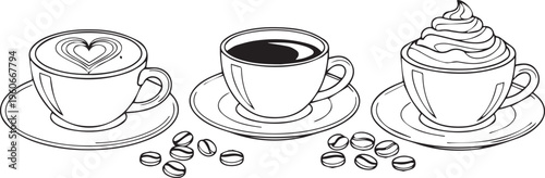 A delightful vector illustration showcasing three distinct styles of coffee cups, including a latte with heart art, a classic black coffee, and a rich whipped cream drink