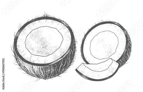 Hand drawn of a whole coconut half and a sliced coconut with wedges fruit food tropical