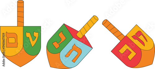 Colorful Hanukkah dreidel vector illustration, traditional Jewish spinning tops with Hebrew letters festive symbols