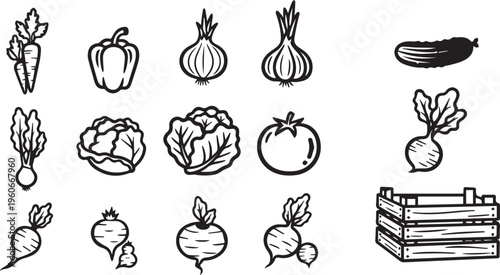 This clean hand-drawn vector graphic illustration presents a diverse collection of outline vegetable icons, showcasing carrots, bell peppers, onions, cabbage, tomatoes, cucumbers, and radishes