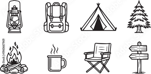 This curated collection of black and white line art vector graphic illustration icons represents essential outdoor adventure and camping equipment, providing versatile visual elements perfect