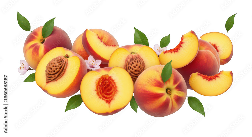 Naklejka premium A pile of sliced and whole peaches with leaves and flowers